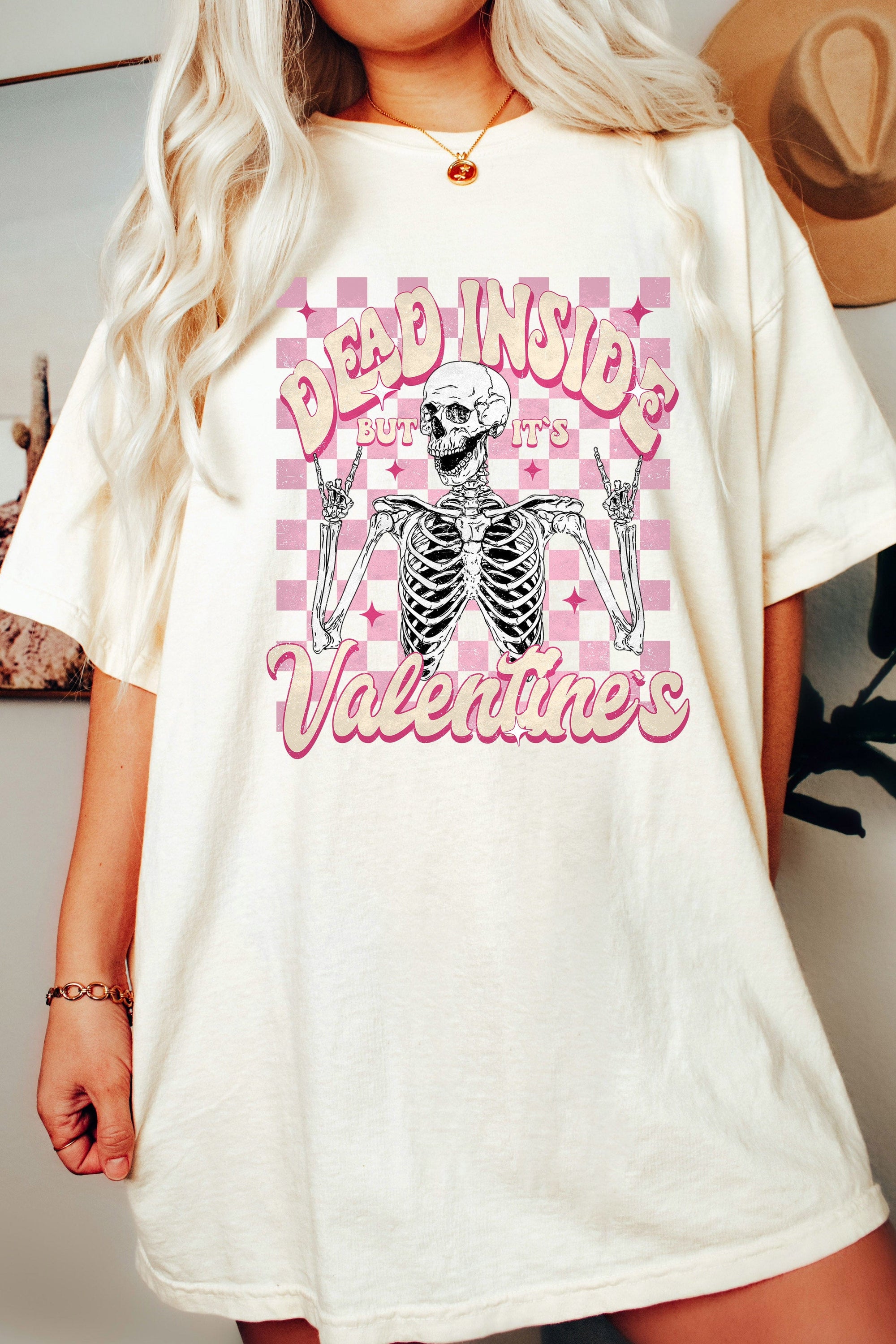 Dead Inside But It's Valentine's Checkered Print T-Shirt