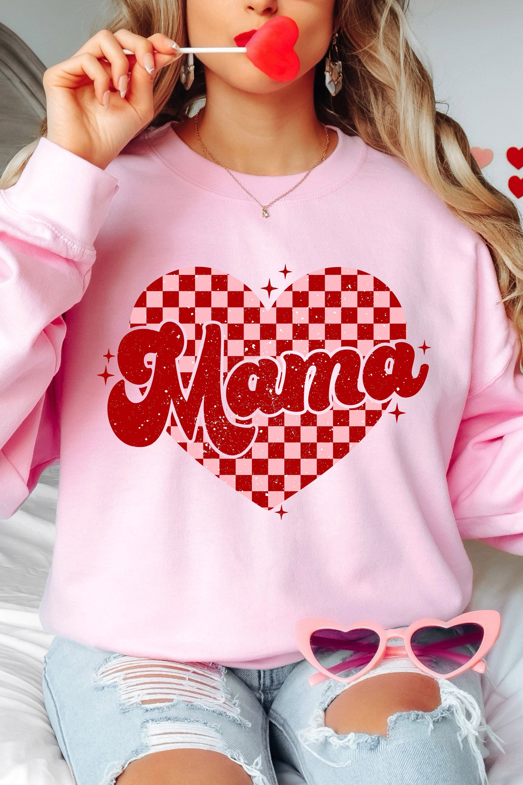 Checkered Mama Heart Fleece Lined Sweatshirt